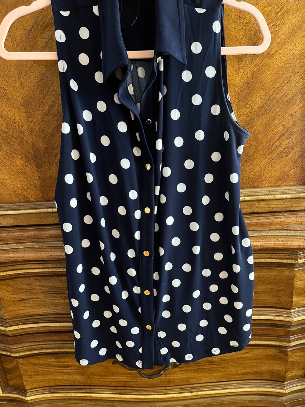 Anne Klein Navy and White Polka Dot Sleeveless Button-Front Top